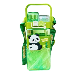 Green square panda plastic water bottle with straw, carry handle and shoulder strap