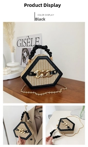 Detail of hexagon straw handbag featuring black leather trim and chunky gold chain