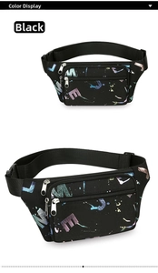 Detail view of black oxford waist bag with colorful lettering and multi-zipper pockets