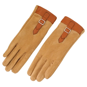 Classic brown suede winter gloves for women with touch screen design and warm fleece lining