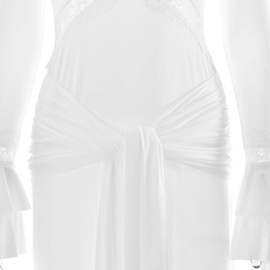 Detail of white dress with lace trim on cuffs and waist tie for a textured look