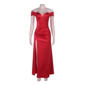 Detail of red off-shoulder satin gown showing waist pleats and high slit on mannequin