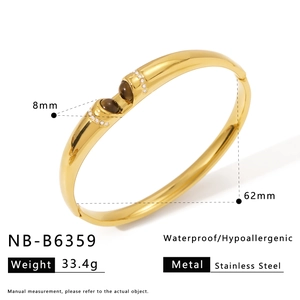 Detail view of gold stainless steel bangle with product dimensions and inlay specifications
