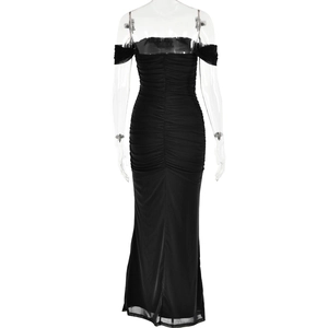 Detailed back view of sleek black off-shoulder mesh evening gown on a mannequin