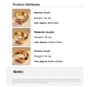 Detailed size and weight specs for thick gold acrylic geometric bangles with stone props