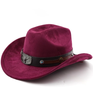 Ethnic wide brim western cowboy hat in wine red suede with ornate buckle and studs