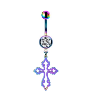 Rainbow plated stainless steel belly button ring with cross pendant and zircon stone