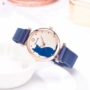 Women's rose gold quartz watch with blue cat silhouette dial and mesh magnet strap