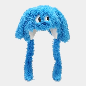 Cute blue plush monster hat with big eyes and earflaps, soft warm cartoon animal winter cap