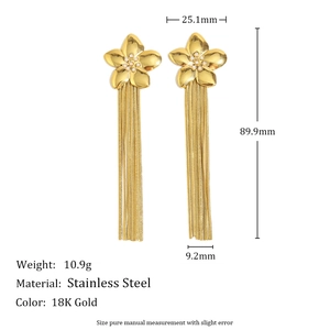 18K gold-plated stainless steel flower stud earrings with long hanging chain tassels