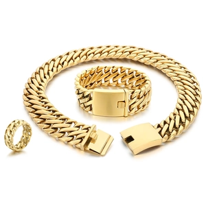 Three-piece golden stainless steel Cuban link jewelry set with necklace, bracelet, and ring