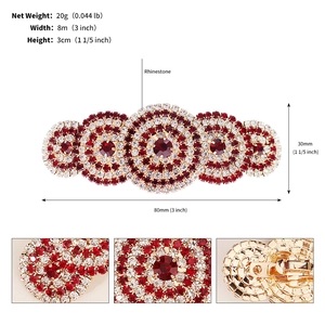 Detailed size and weight specs of a luxury rhinestone hair clip with red crystals