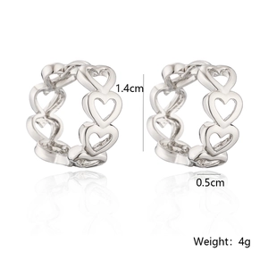 Detailed view of silver hollow heart hoop earrings with dimensions 1.4cm by 0.5cm