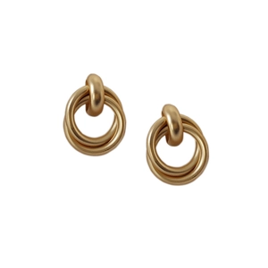 Matte gold geometric double loop earrings featuring interlocking metal circles for women
