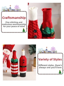 Close-up of knitted Christmas wine bottle covers with stripes, buttons and festive bells