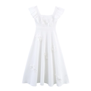 Square Neck Maxi Dress For Women Flutter Sleeve Dimensional Floral Artificial Pearl Elegant Textured Vintage Style