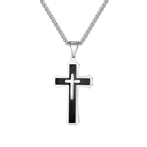 Men's triple-layer stainless steel cross pendant necklace in silver and black finish