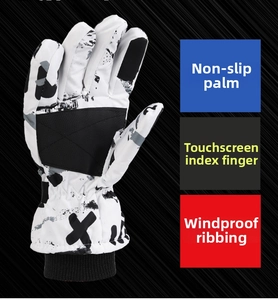 Detail showing non-slip palm, touchscreen finger, and windproof ribbed cuff of ski gloves