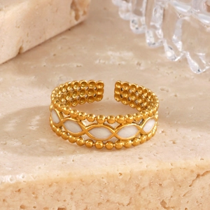 Minimalist adjustable open heart ring in gold finish with white inlay and bead details