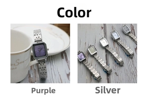 Detail view of NAIDU square quartz watches with silver metal bands in multiple dial colors