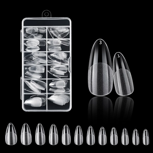 Detailed macro view of clear long stiletto fake nails with size numbering 0-9