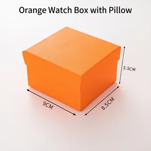Orange lychee pattern square watch box with bowknot and interior pillow 9x8.5x5.5cm
