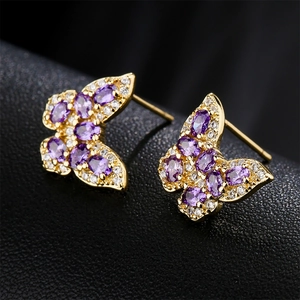 Elegant 18K gold plated butterfly stud earrings featuring purple stones and AAA zircons