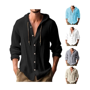 Detail view of cotton linen hooded shirt showing color options like black, blue and white