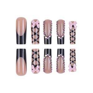 Press-on nails set with black french tips pink bows and rhinestone accents