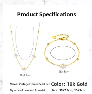 Detail view of vintage flower pearl jewelry set showing necklace and bracelet dimensions