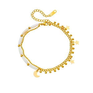 Double-layer gold stainless steel anklet with star and moon charms and white beads