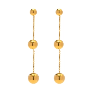Polished 18K gold plated stainless steel long drop earrings with triple sphere chain design