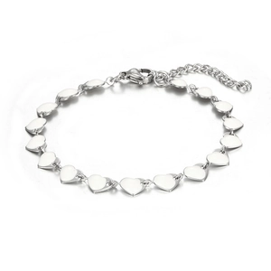 Detail view of silver stainless steel heart link bracelet with lobster clasp and chain