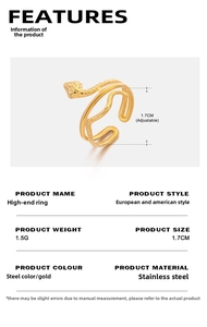 Detail showing 1.5g gold snake ring with 1.7cm adjustable band size and dimensions