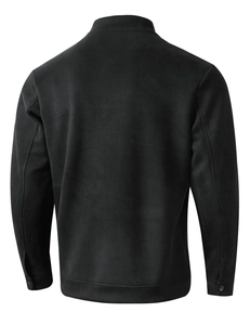 Detail view of black faux suede jacket back with stand collar and metallic snap buttons