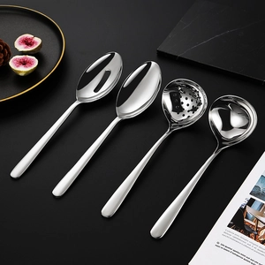 Polished 304 stainless steel kitchen utensil set with spoons and ladles on black background