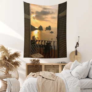 Detail showing high-quality polyester tapestry with Mediterranean sunset and seascape view