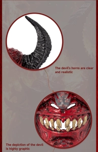 Detailed close-up of textured black horns and fierce facial features of the devil mask