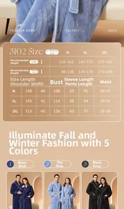 Size chart for thick flannel pajamas set showing height and weight recommendations
