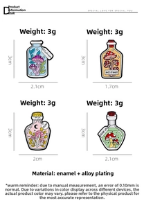 Detailed size chart for mushroom enamel pins in potion bottles with dimensions and weight