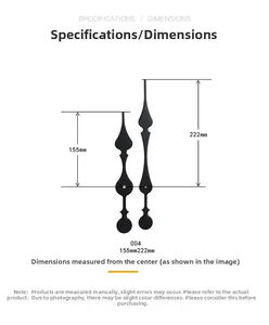 Detail of 004 black metal clock hands with wave design, 155mm and 222mm dimensions