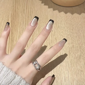 Press On Nägel Cat Eye Effekt Schwarze French Tips Eckig Rund Glänzend Glitzer Abnehmbar Maniküre Damen ABS