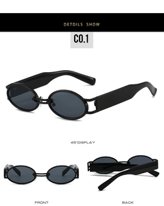 Detail view of narrow oval sunglasses with smoke lenses and wide temples from multiple angles