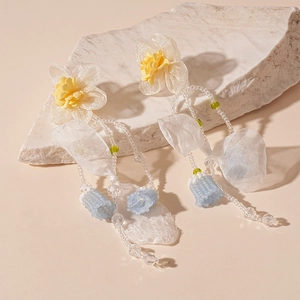 Elegant floral lace tassel earrings with glass beads for summer resort style outfits