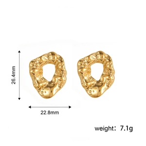 Detailed size view of irregular geometric gold earrings with hammered metal texture