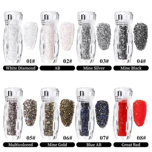 8-color set of iridescent nail art micro beads and crystals in mini faceted bottles