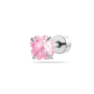 Pink clover zircon stud earring with silver metal base and secure screw back closure