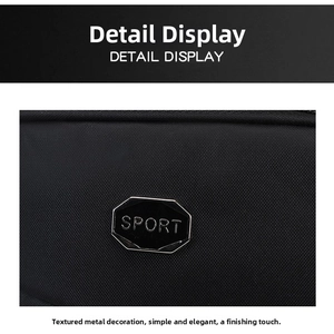 Detail view of the black Oxford backpack featuring a metallic SPORT emblem and fabric texture