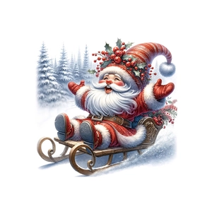 3D Santa Claus on wooden sleigh with pine cones and winter forest scene wall sticker