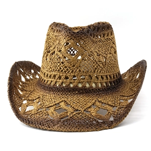 Vintage western hollow straw cowboy hat with gradient brown weave and chin strap